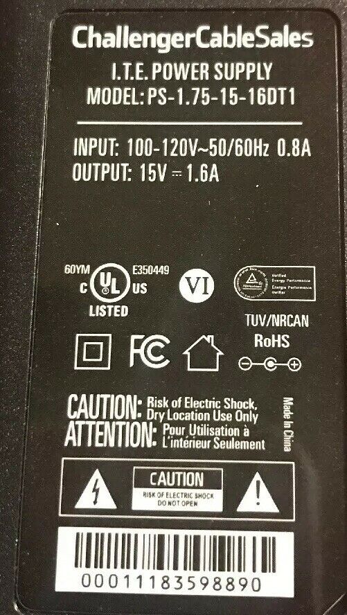 NEW ITE 15V 1.6A Challenger Cable Power Supply ADAPTER PS-1.75-15-16DT1 DPC3216 Specification: Brand: ITE M
